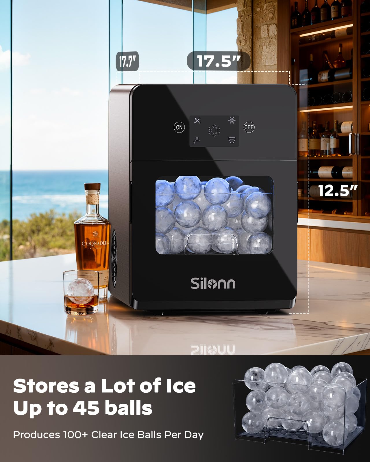 Silonn 2.4" Sphere Ice Maker, 3 Ice Balls in 40 Mins, 100/Day, Crystal Clear, Self-Cleaning for Whiskey