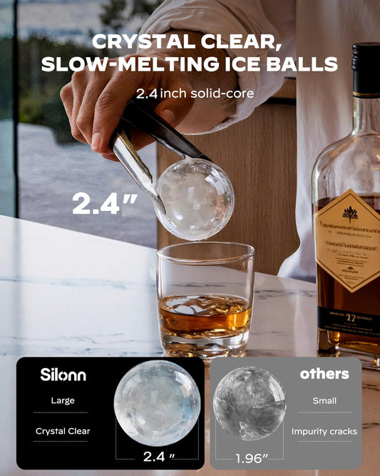 Silonn 2.4" Sphere Ice Maker, 3 Ice Balls in 40 Mins, 100/Day, Crystal Clear, Self-Cleaning for Whiskey
