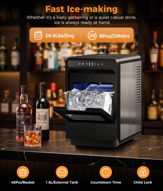 Oylus Clear Ice Cube Maker, 8 Crystal 1.2" Ice Cubes in 20 Mins, 24H Timer, Self-Cleaning, 10 Ice Sizes for Whiskey & Cocktails