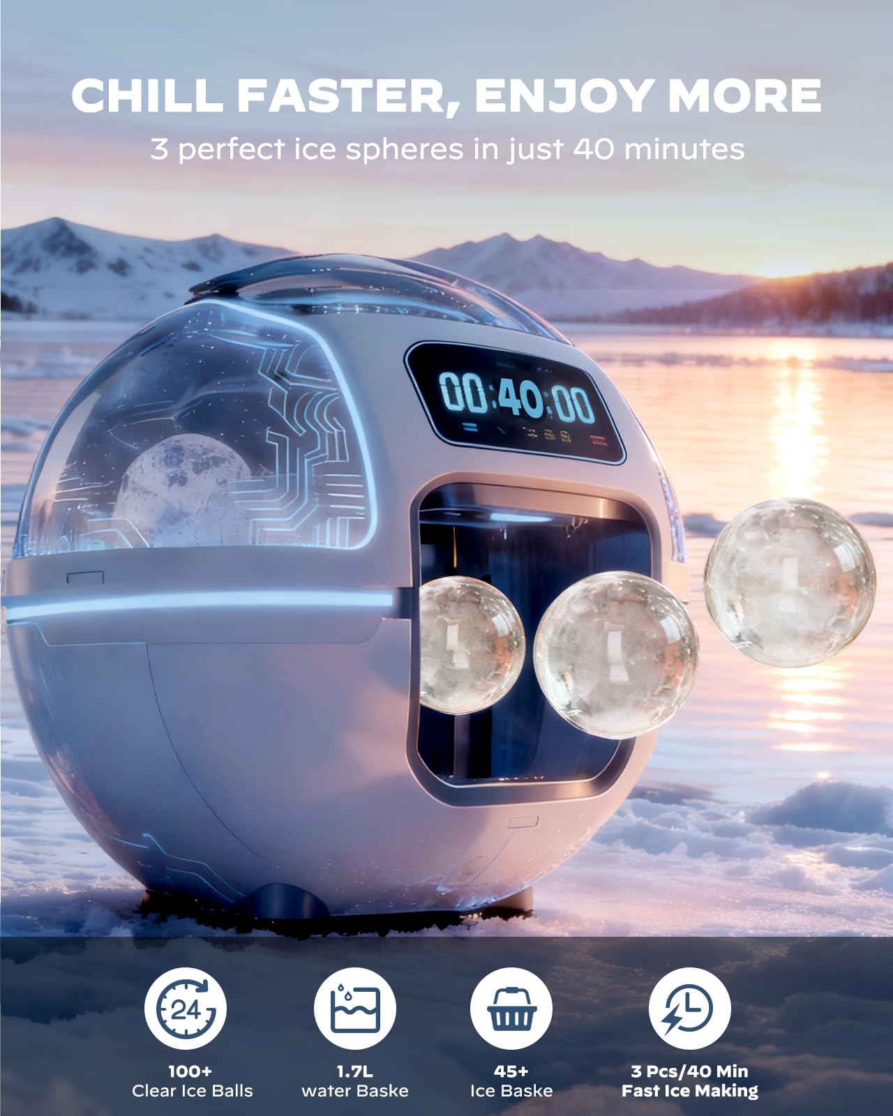 Silonn 2.4" Sphere Ice Maker, 3 Ice Balls in 40 Mins, 100/Day, Crystal Clear, Self-Cleaning for Whiskey