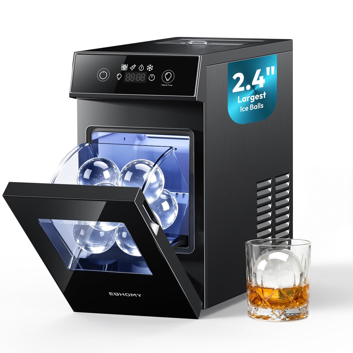 EUHOMY 2.4" Ice Ball Maker, 2 Spheres in 60 Mins, 48/Day, Self-Cleaning Crystal Clear Ice Maker for Whiskey