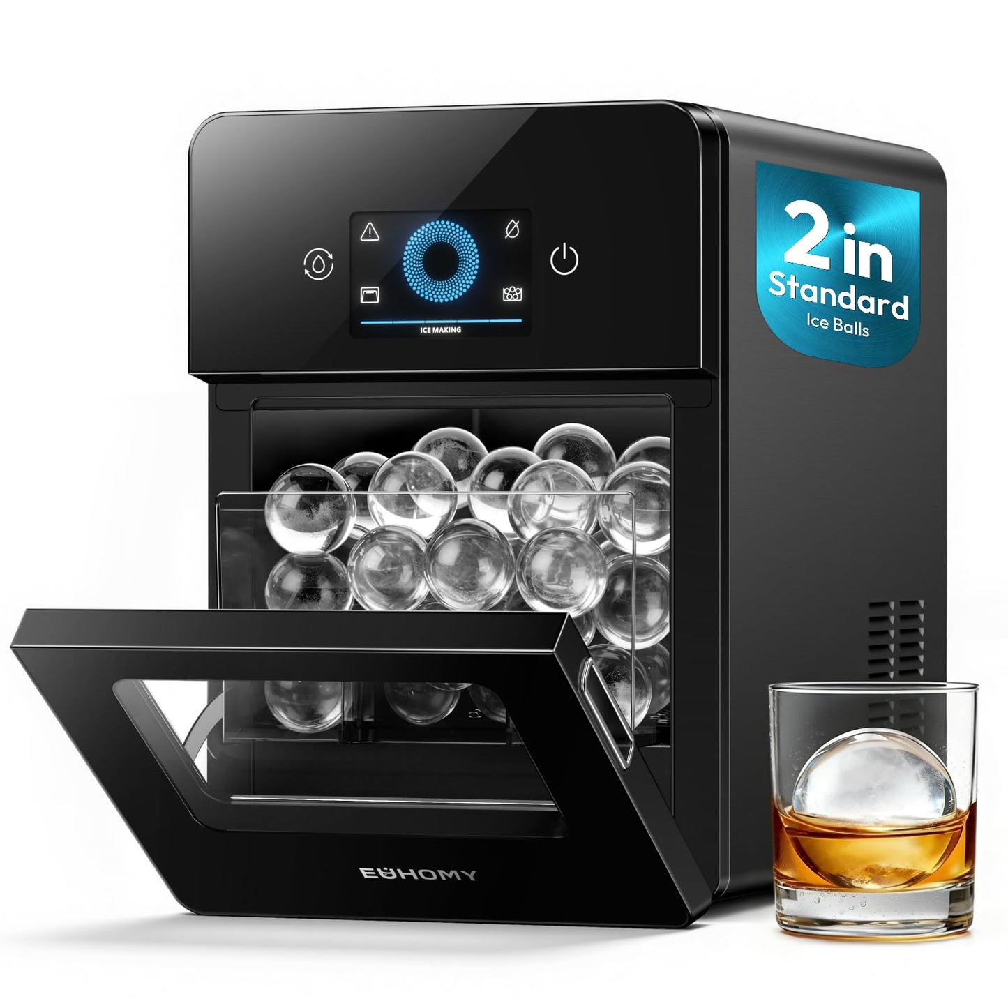 EUHOMY 2" Ice Ball Maker, 4 Spheres in 40 Mins, 144/Day, Self-Cleaning Crystal Clear Ice Maker for Whiskey