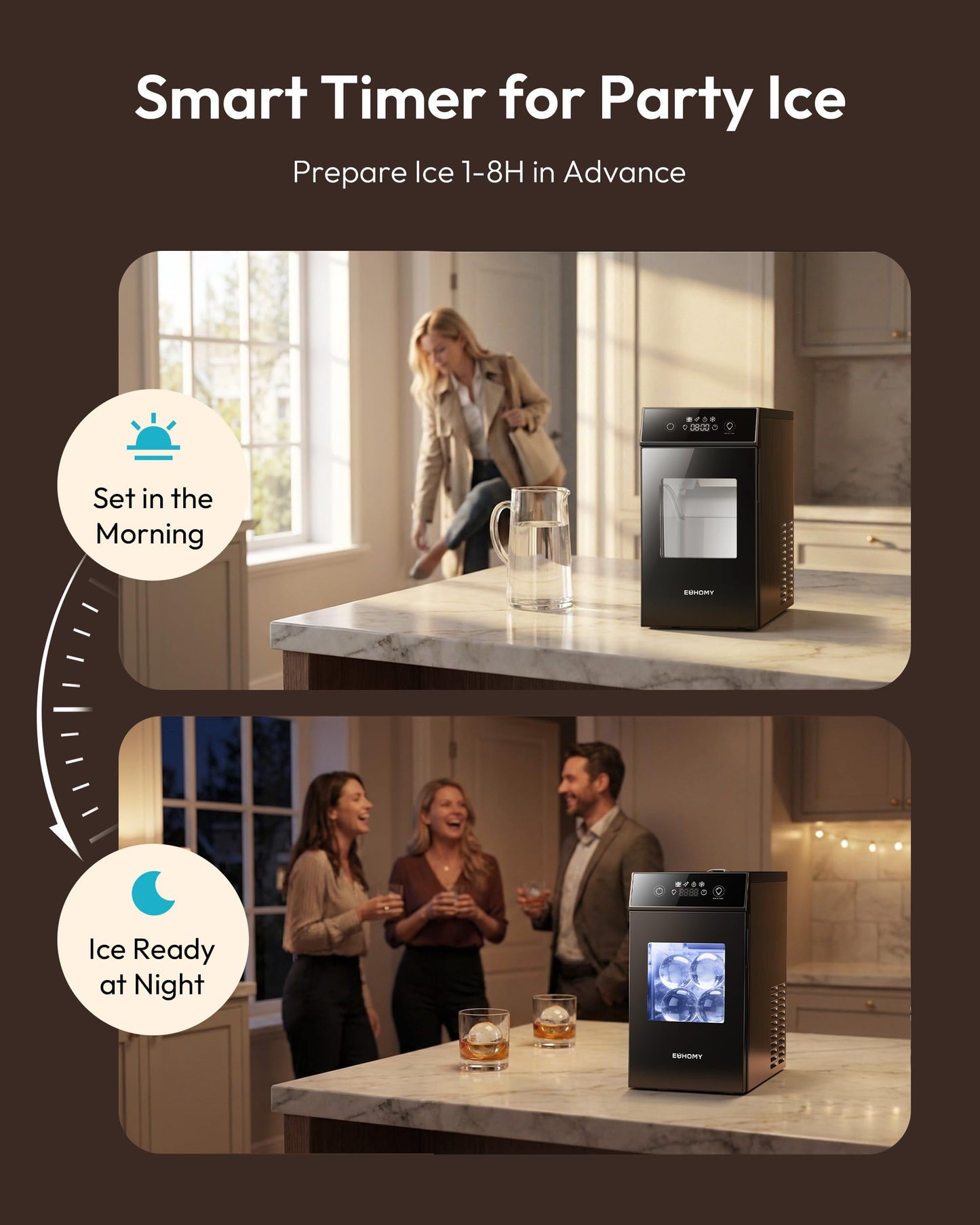 EUHOMY 2.4" Ice Ball Maker, 2 Spheres in 60 Mins, 48/Day, Self-Cleaning Crystal Clear Ice Maker for Whiskey
