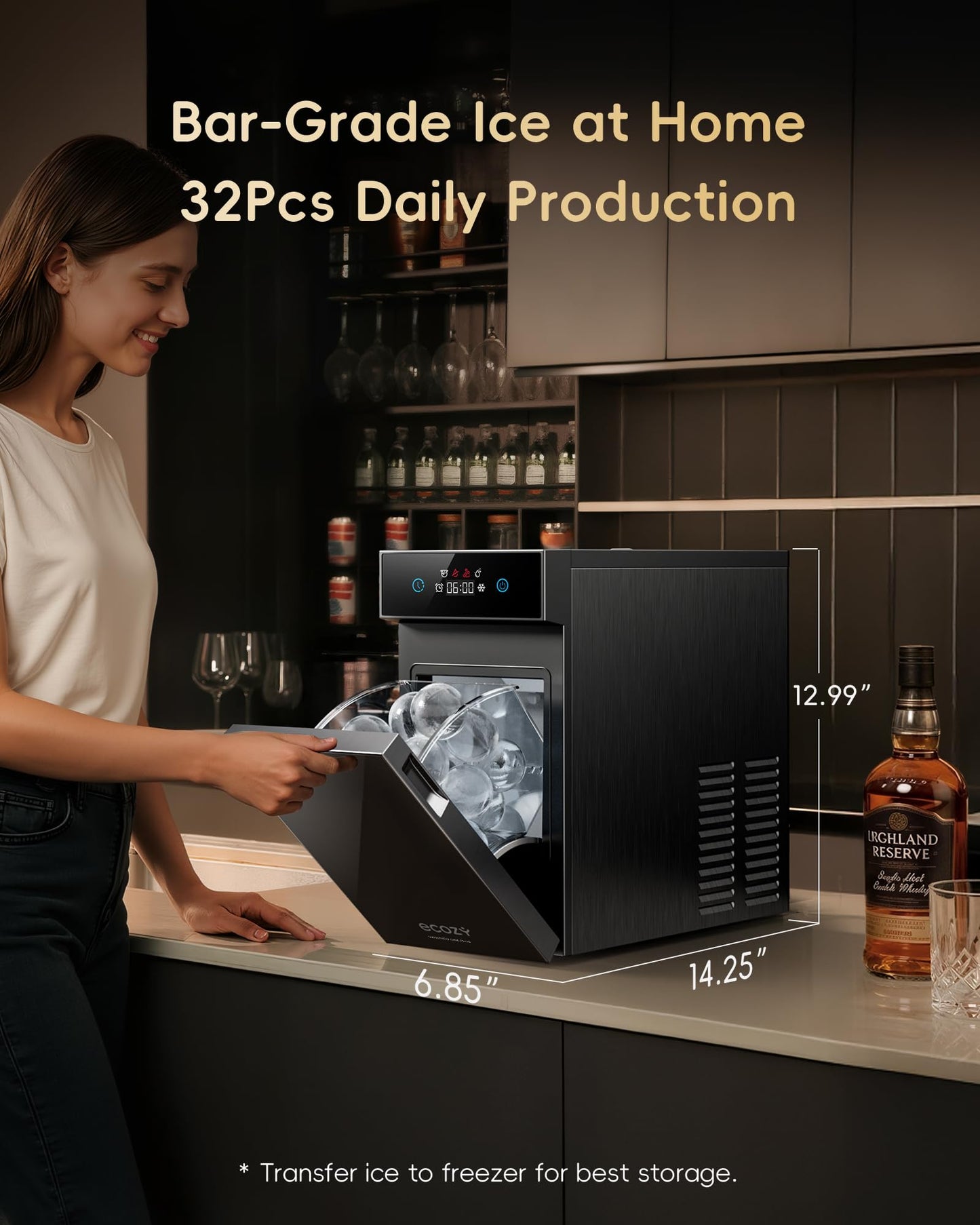 ecozy 2.4" Clear Ice Ball Maker, CrystalFlux Technology, 1 Sphere in 40 Mins, 32/Day, Self-Cleaning for Whiskey & Bourbon