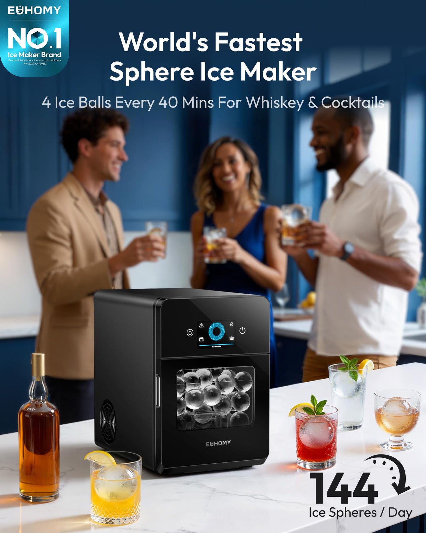 EUHOMY 2" Ice Ball Maker, 4 Spheres in 40 Mins, 144/Day, Self-Cleaning Crystal Clear Ice Maker for Whiskey