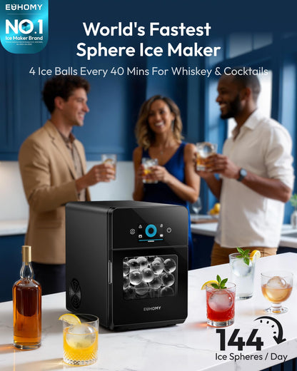 EUHOMY 2" Ice Ball Maker, 4 Spheres in 40 Mins, 144/Day, Self-Cleaning Crystal Clear Ice Maker for Whiskey