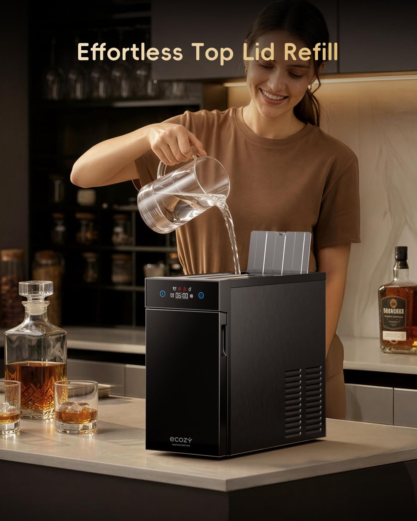 ecozy 2.4" Clear Ice Ball Maker, CrystalFlux Technology, 1 Sphere in 40 Mins, 32/Day, Self-Cleaning for Whiskey & Bourbon