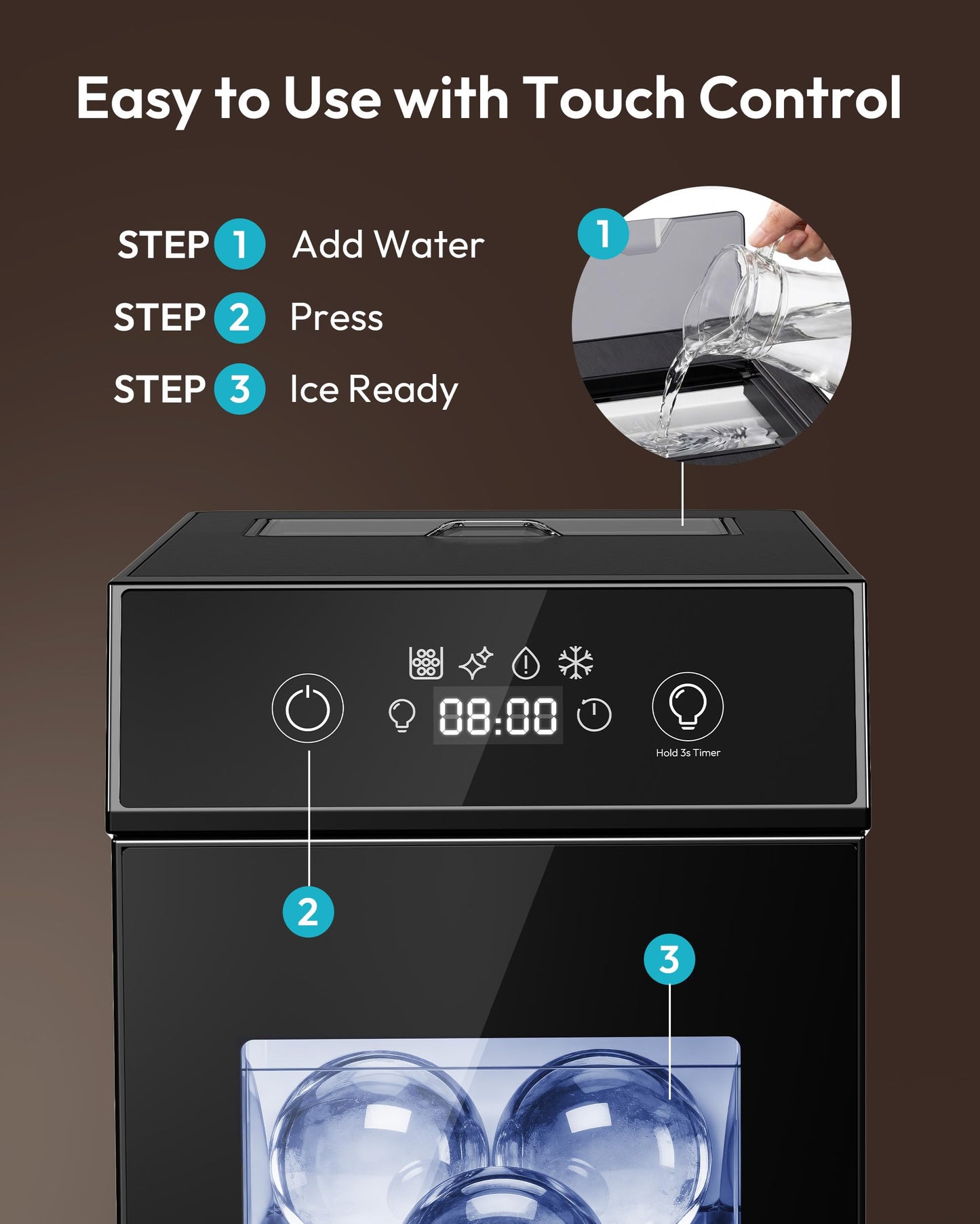 EUHOMY 2.4" Ice Ball Maker, 2 Spheres in 60 Mins, 48/Day, Self-Cleaning Crystal Clear Ice Maker for Whiskey