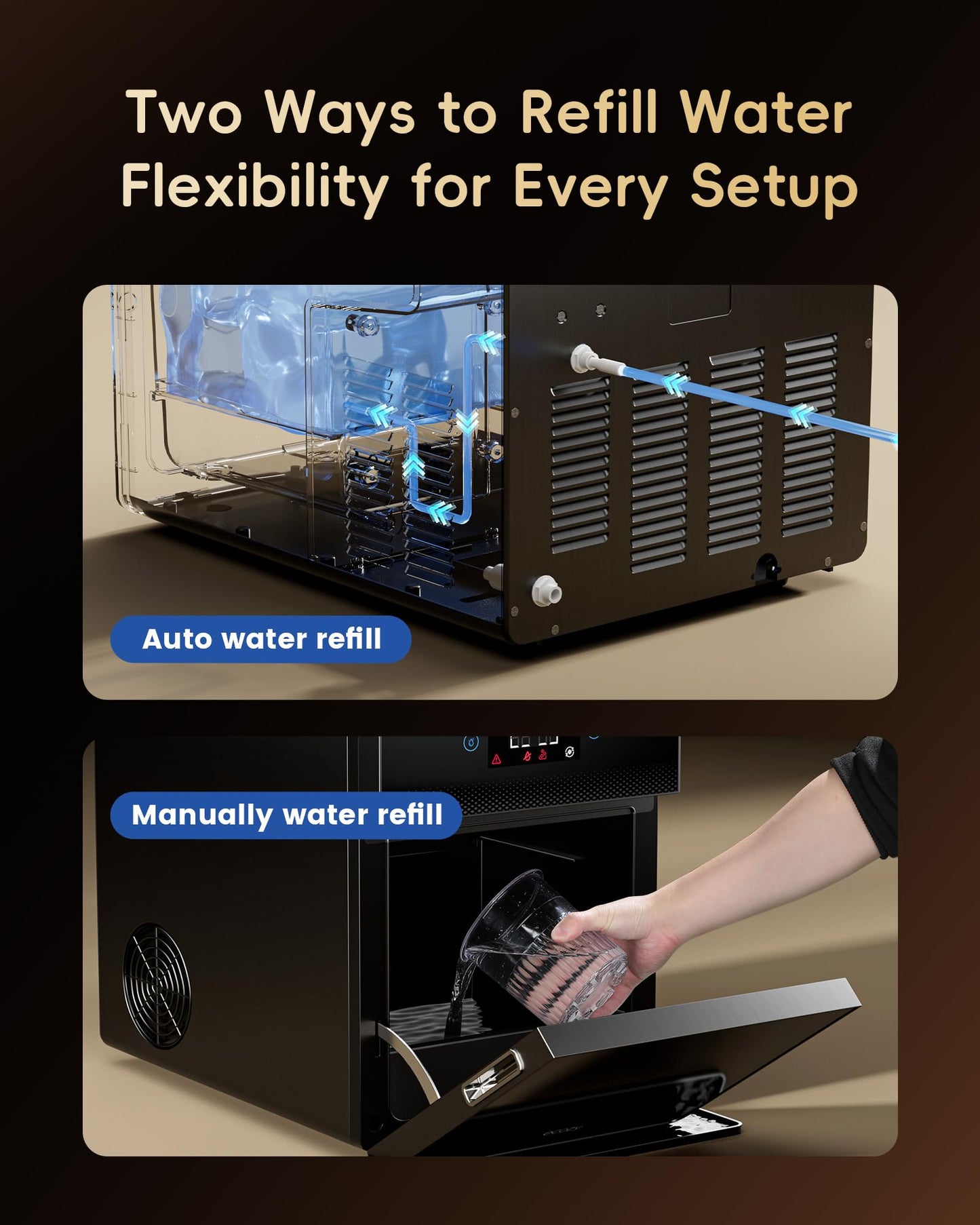 ecozy 2.4" Clear Ice Ball Maker, 3 Spheres in 45 Mins, 96/Day, Auto Water Supply, Self-Cleaning for Whiskey Bar