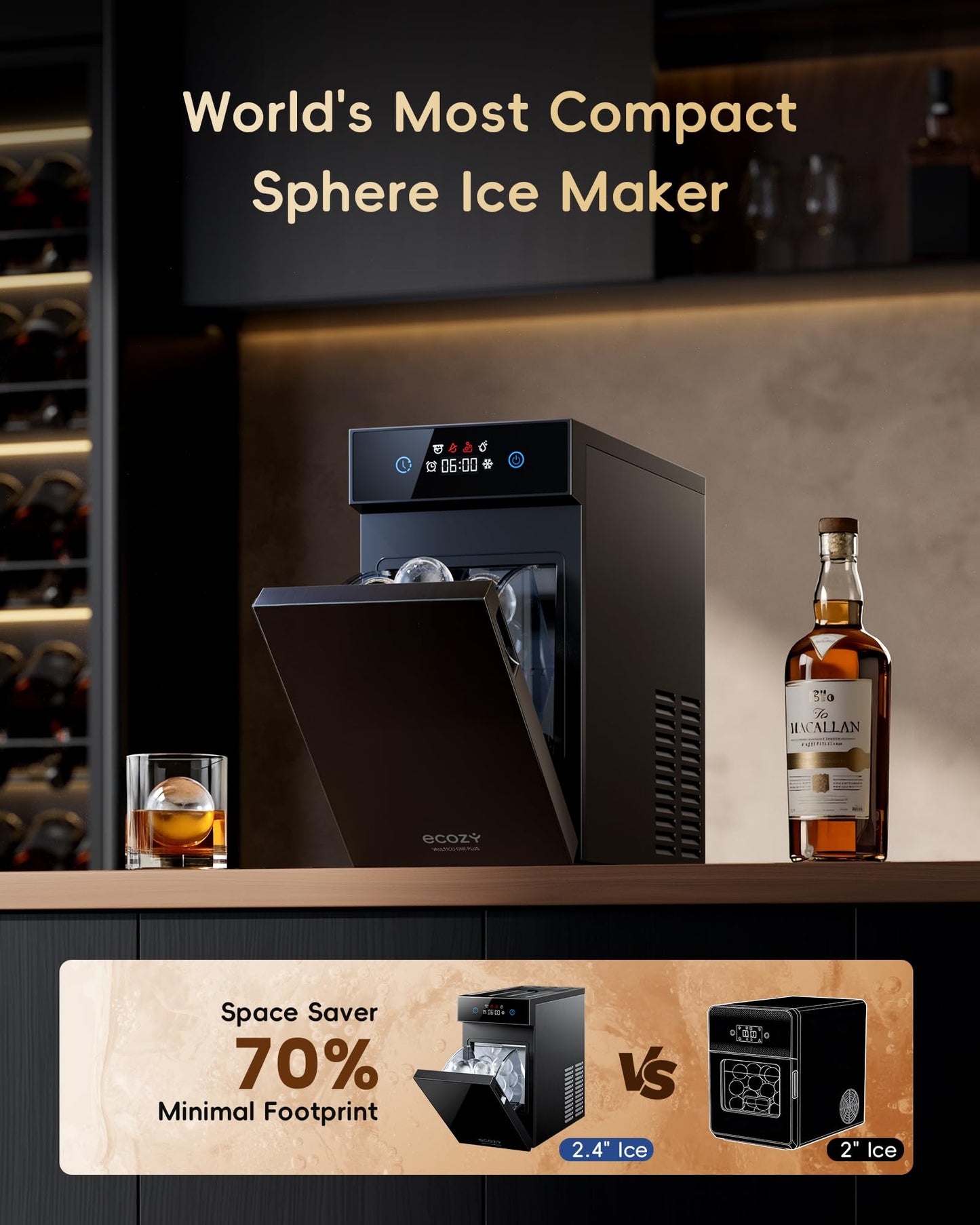 ecozy 2.4" Clear Ice Ball Maker, CrystalFlux Technology, 1 Sphere in 40 Mins, 32/Day, Self-Cleaning for Whiskey & Bourbon
