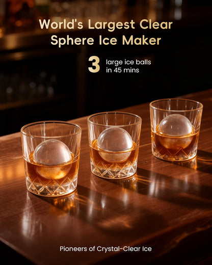 ecozy 2.4" Clear Ice Ball Maker, 3 Spheres in 45 Mins, 96/Day, Auto Water Supply, Self-Cleaning for Whiskey Bar