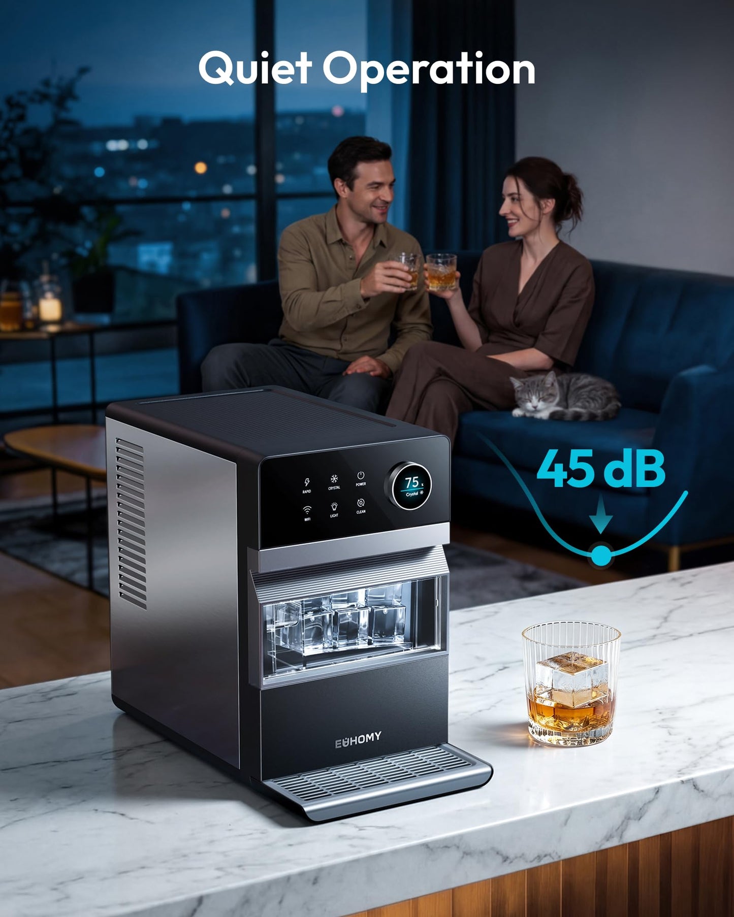 Oylus Clear Ice Cube Maker, 8 Crystal 1.2" Ice Cubes in 20 Mins, 24H Timer, Self-Cleaning, 10 Ice Sizes for Whiskey & Cocktails