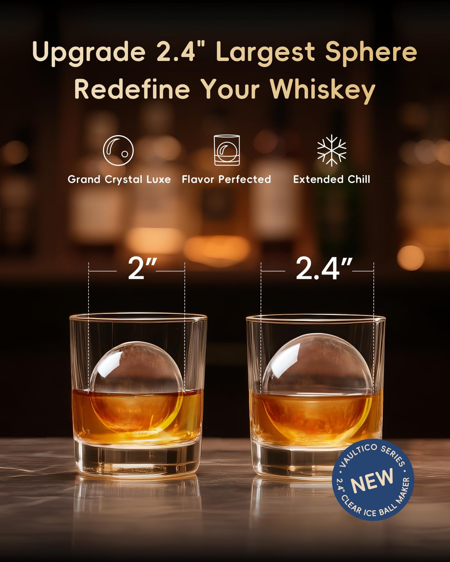ecozy 2.4" Clear Ice Ball Maker, CrystalFlux Technology, 1 Sphere in 40 Mins, 32/Day, Self-Cleaning for Whiskey & Bourbon