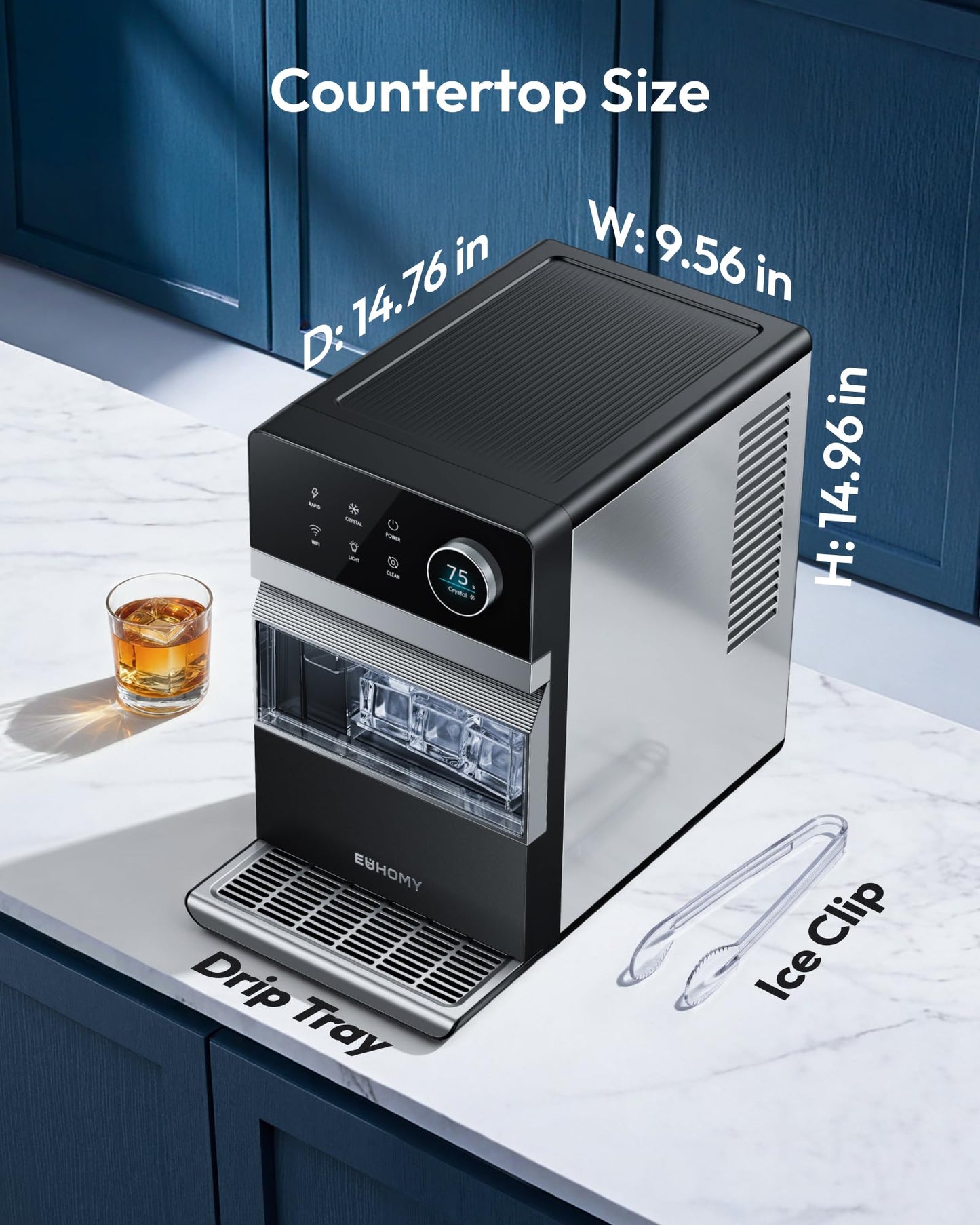 Oylus Clear Ice Cube Maker, 8 Crystal 1.2" Ice Cubes in 20 Mins, 24H Timer, Self-Cleaning, 10 Ice Sizes for Whiskey & Cocktails