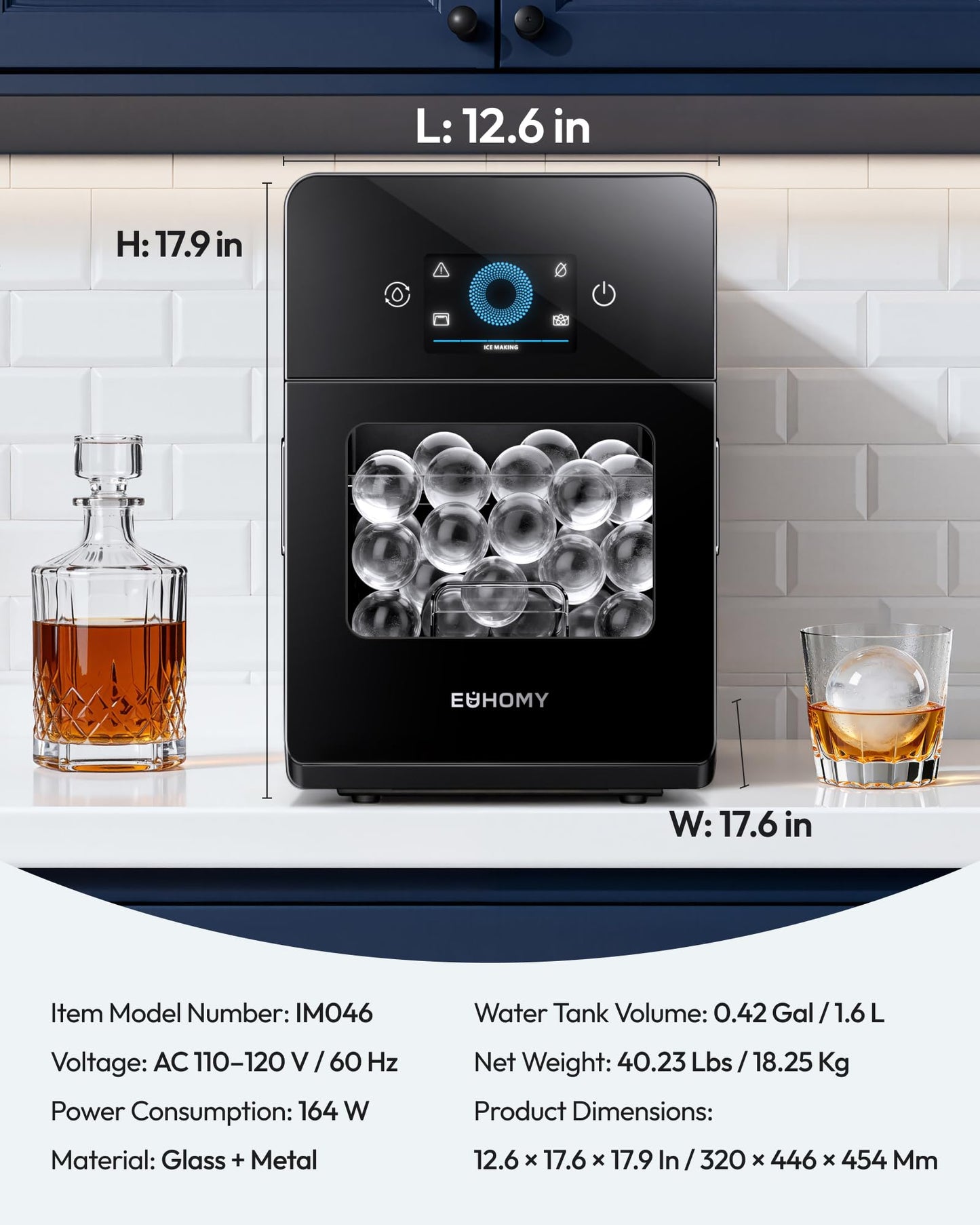 EUHOMY 2" Ice Ball Maker, 4 Spheres in 40 Mins, 144/Day, Self-Cleaning Crystal Clear Ice Maker for Whiskey