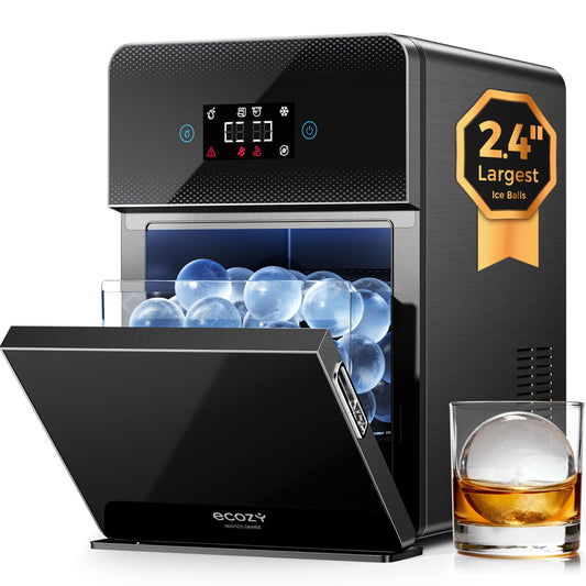 ecozy 2.4" Clear Ice Ball Maker, 3 Spheres in 45 Mins, 96/Day, Auto Water Supply, Self-Cleaning for Whiskey Bar