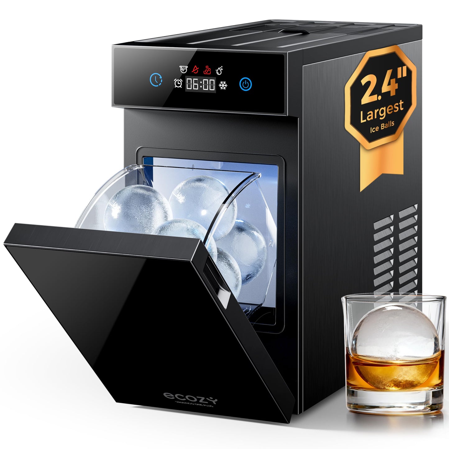 ecozy 2.4" Clear Ice Ball Maker, CrystalFlux Technology, 1 Sphere in 40 Mins, 32/Day, Self-Cleaning for Whiskey & Bourbon